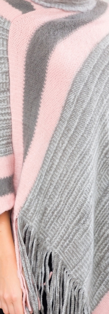 Pink&Grey Turtleneck Poncho Shawl with fringe - Picture 5 of 6